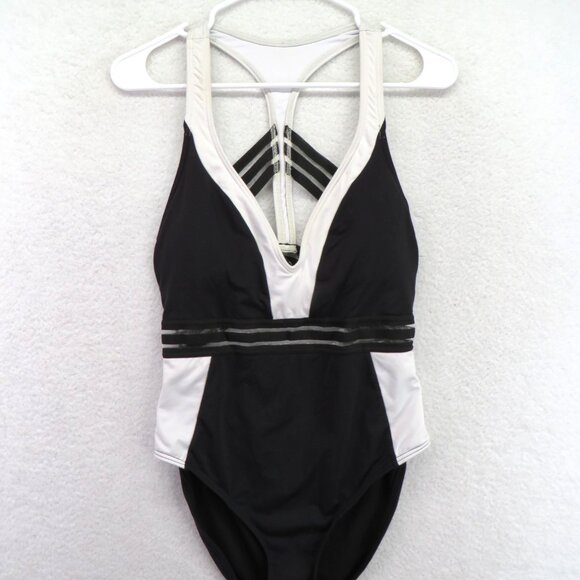 Kenneth Cole Swimsuit Womens Medium Black White One Piece Strappy Plunge Swim - Picture 2 of 8